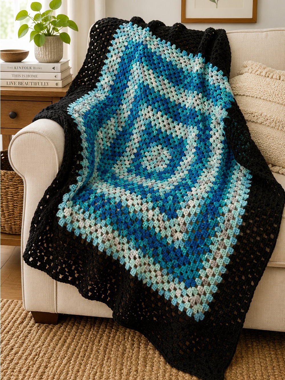 Vintage Handmade Crochet Granny Square Afghan Blanket 60x60 Blue Black